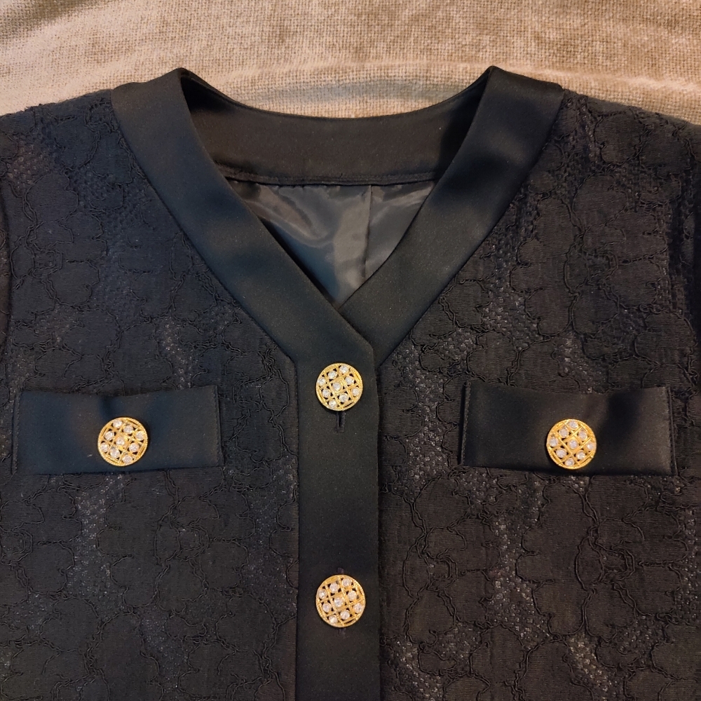 Little Black Lace Jacket with Gold Rhinestone Buttons, Size 4 - Picture 2 of 10
